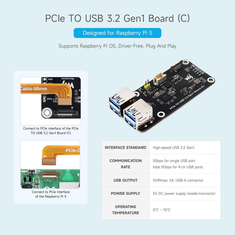 Waveshare PCIe to 4-Ch USB3.2 Gen1 Board (C), Compatible with Raspberry Pi 5, Up to 5Gbps Transmission Speed, No Driver Required, Plug and Play