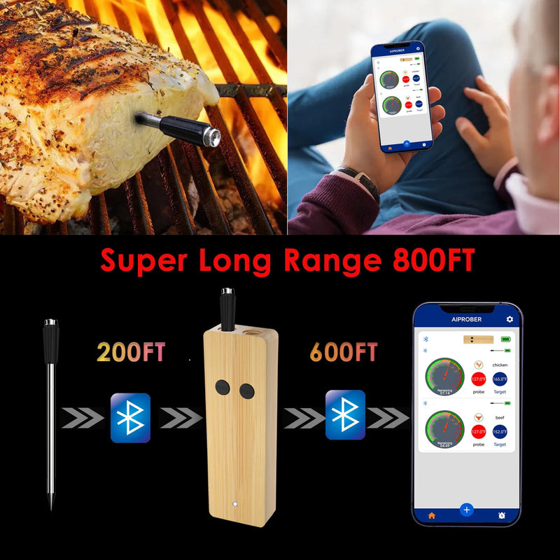 Wireless Meat Thermometer for Grilling and Smoking, 800FT Bluetooth Thermometer with Dual-Sensor Probe, Food Thermometer for BBQ, Oven, Smoker