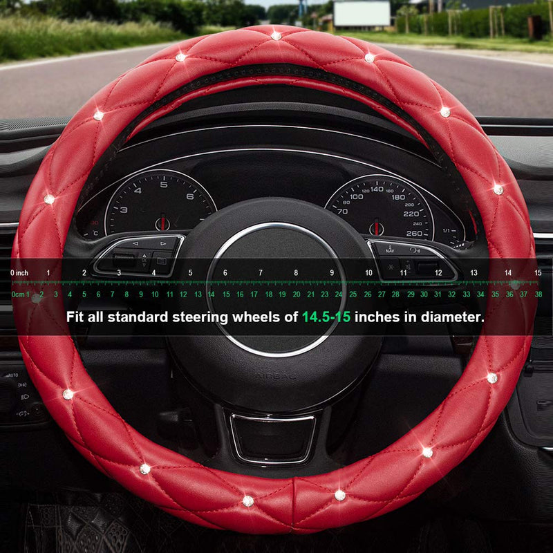  [AUSTRALIA] - Xizopucy Red Steering Wheel Cover, Leather Car Steering Wheel Cover, Crystal Rhinestones Anti-Slip Soft Accessories for Women and Girl Universal Fit 14.5-15 Inch . .Red..