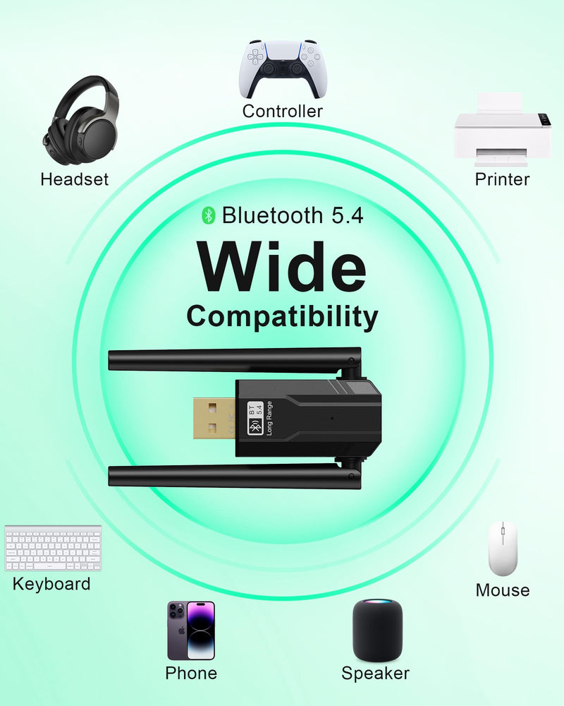 USB Bluetooth Adapter for PC, RENGOGA 5.4 Plug & Play Bluetooth Dongle PC Transmitter & Reciver, EDR & BLE High Gain Antenna 150M Long Range Adapter for PC Windows 11/10/8