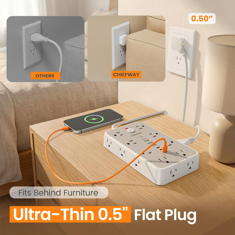 6 FT Surge Protector Power Strip with 6 USB, 16 Outlets, 2400J | 3 USB-A & 3 USB-C Ports, 1.7" Wide-Spaced Outlets, 1875W/15A, Flat Plug, 4-Sided Design for Home, Office, Dorm & Gaming White / Gray 6 FT