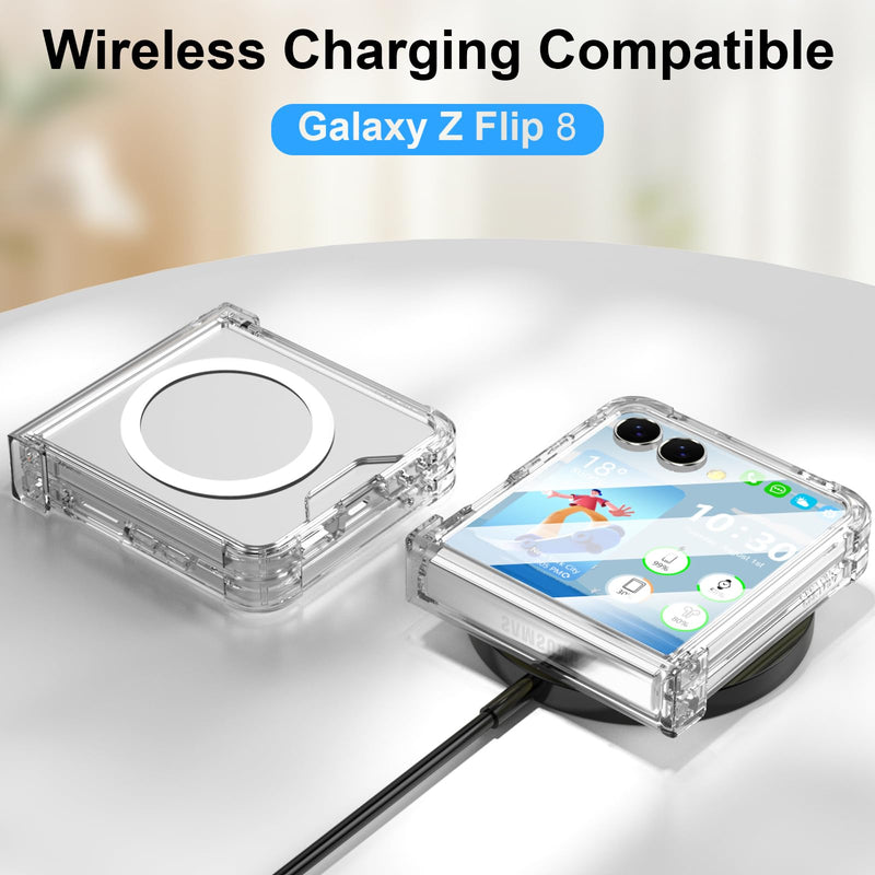 Designed for Galaxy Z Flip 8 Case Clear Magnetic with Hinge Protection | Tempered Glass Screen Protector for Samsung Flip 8 Full Cover Phone Protection Case Clear for Z Flip 8 Transparent