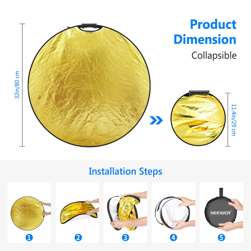 Neewer 5-in-1 Portable Round 32 in/80cm Light Reflector Collapsible Multi-Disc with Single Grip and Bag for Studio Photography Lighting and Outdoor Lighting - Gold/Silver/White/Black/Translucent