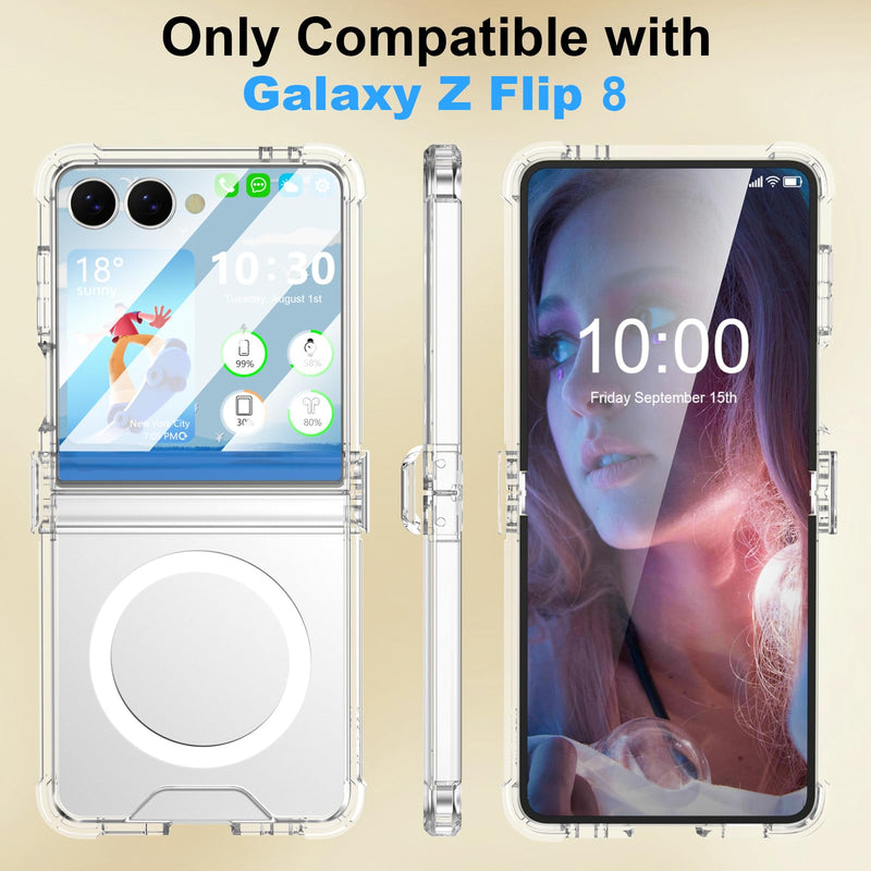 Designed for Galaxy Z Flip 8 Case Clear Magnetic with Hinge Protection | Tempered Glass Screen Protector for Samsung Flip 8 Full Cover Phone Protection Case Clear for Z Flip 8 Transparent
