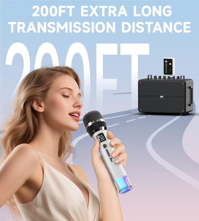 Wireless Microphones, Microphone with One-to-One Chip Connection and LED Lights, 40H Duration, 200FT Range Receiving, Volume Control Karaoke Microphone for Singing, Speech, Home Party, YouTube/TikTok White