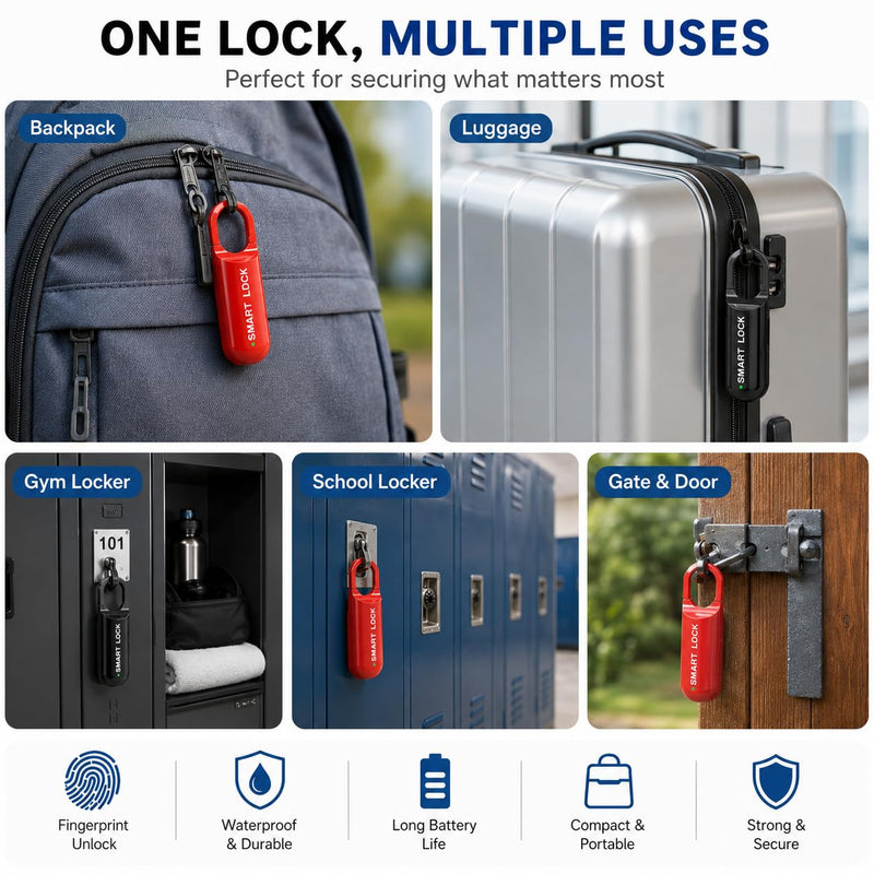 Smart Fingerprint Padlock for Locker, Small Rechargeable Fingerprint Lock, Keyless Biometric Thumbprint Padlock for Gym School Locker, Suitcase, Backpack Black