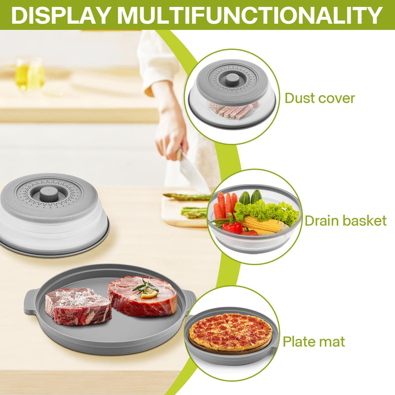 2 Pack Microwave Splatter Cover for Food with Anti-scald Base Plate,Large Plastic & Silicone Vented Avoid Scalding Collapsible Guard Lid,Kitchen Essential Gadgets for Meal Prep-10.7 Inch 2 Pcs Gray