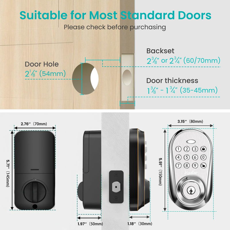 Keyless Entry Door Lock, Keypad Smart Deadbolt for Front Door, Electronic Keypad Code with Auto Lock, One-Time Code, Anti-Peeping Password, Easy Installation, Silver