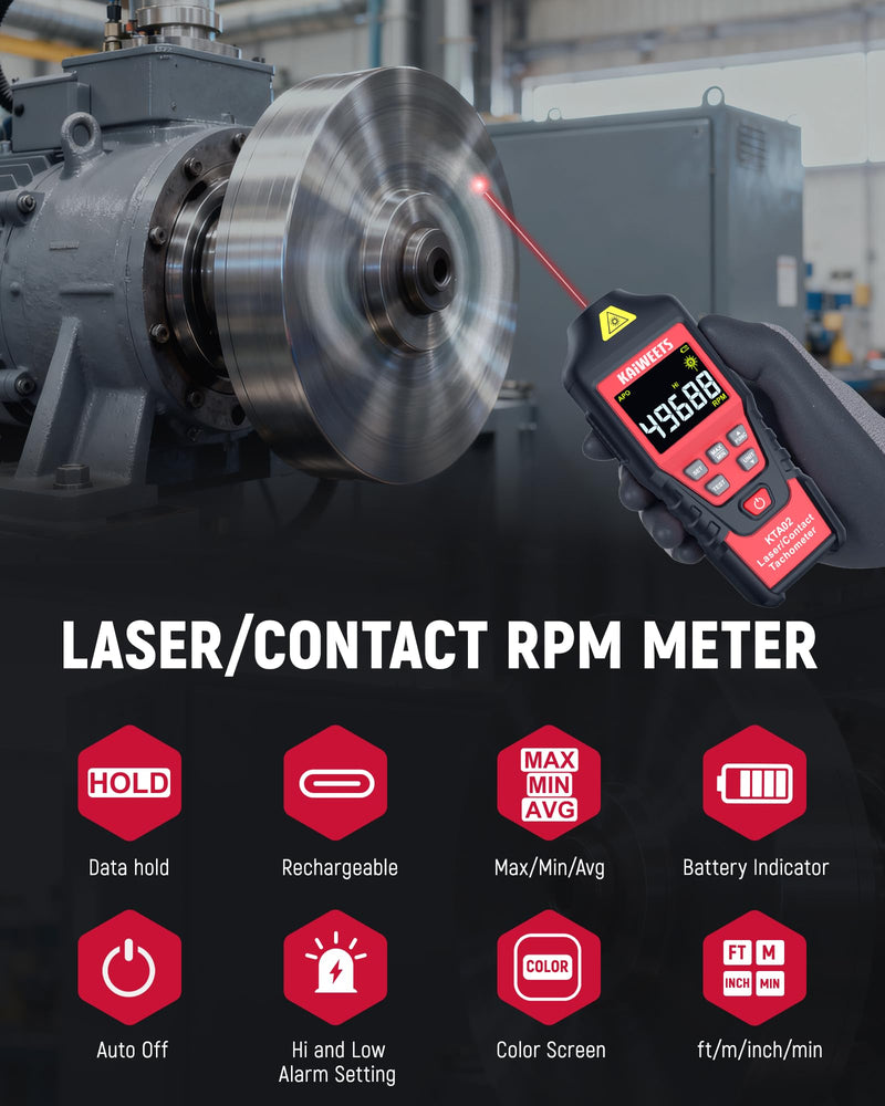 KAIWEETS 2-in-1 Laser & Contact Tachometer with Rechargeable Battery, Photo Sensor 10-99999RPM and Contact 1-19999RPM High Accuracy RPM Meter with Backlight Hold/MAX/MIN/AVG, HI/Low Alarm Function