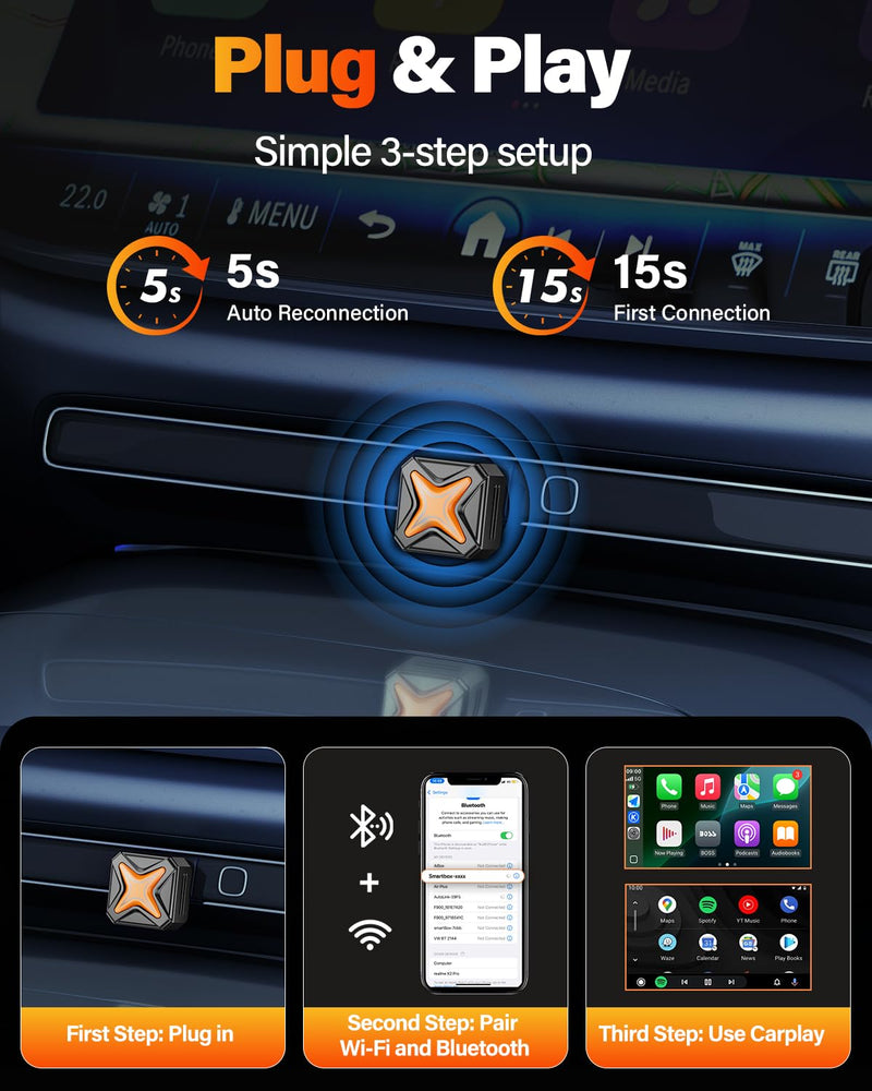 2026 Upgraded Mini Android Auto & Apple CarPlay Wireless Adapter for iPhone, Latest A7 Chip One-Click Switch, 3s Connect, Convert Wired to Wireless, Bluetooth 6.0, 5.8GHz WiFi, (iOS 12+, Android 11+) Black