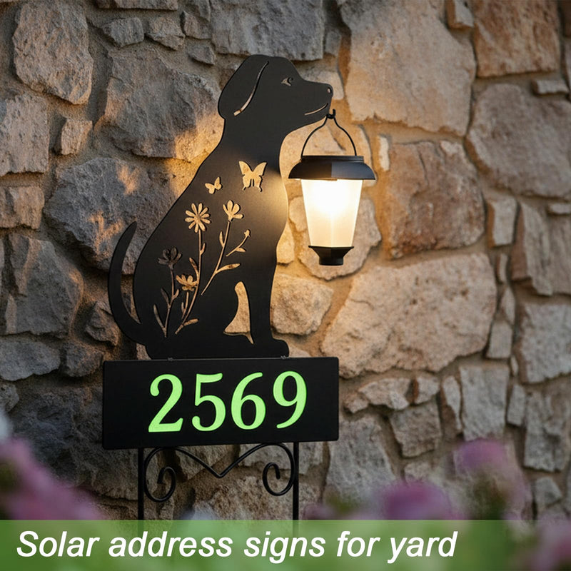 Solar House Numbers for Outside,YY Gardenia Metal Dog Address Signs for Houses with Glow in the Dark,Outdoor Decorative for Garden,Lawn,Patio,Pathway Black