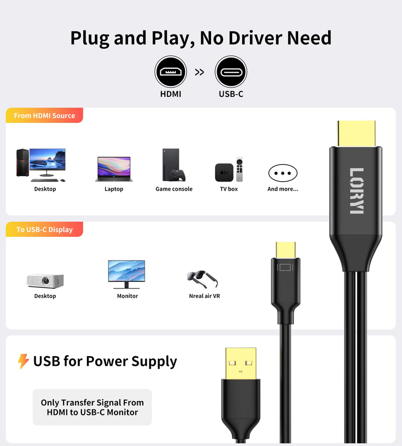 HDMI to USB-C Cable, Xreal Air AR 4K@60Hz 6.6ft HDMI to Type-C,USB Powered, Hdmi to USB-C Adapter, Compatible for Mobile Monitor,Nreal Air, Xreal AR, Rokid air, Switch, Steam Deck