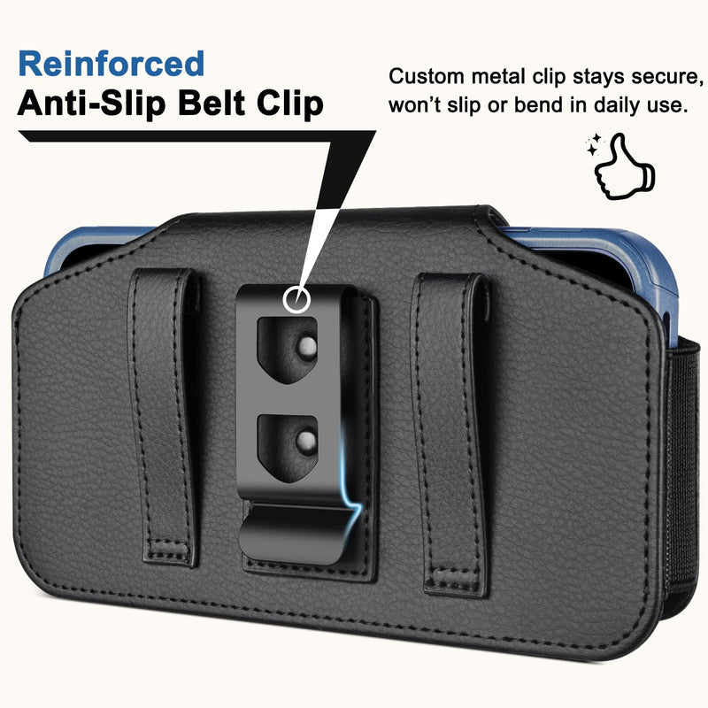Phone Holster for Samsung Galaxy A15 Leather Cell Phone Belt Holder Case with Metal Clip and Magnetic Closure for Men Women (Fits Protective Cover on), Black