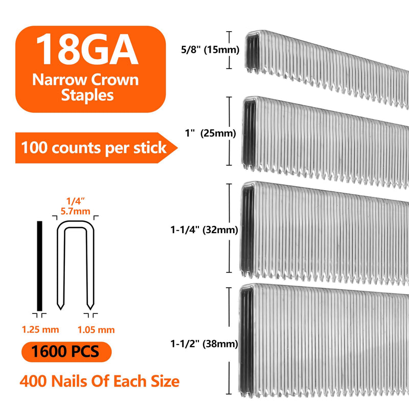 1600-Count 304 Stainless Steel 18 Gauge 1/4 Inch Narrow Crown Staples (5/8"+1"+1-1/4"+1-1/2"), 400 per Size, Heavy Duty Beveled Chiseled Pointed, Assorted Size Project Pack 5/8"+1"+1-1/4"+1-1/2"