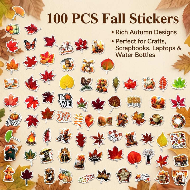 Fall Stickers Thanksgiving Autumn Waterproof Vinyl Sticker Pack 100pcs (Fall) Fall