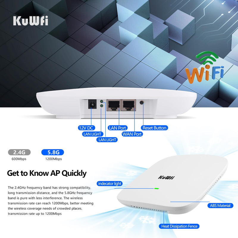 KuWFi WiFi 6 Extender 2.4G&5.8G Long-Range Repeater AX1800 WiFi 6 Indoor Ceiling-Mounted AP Router 48V PoE Powered 1800Mbps High Speed for House, Office, Apartment