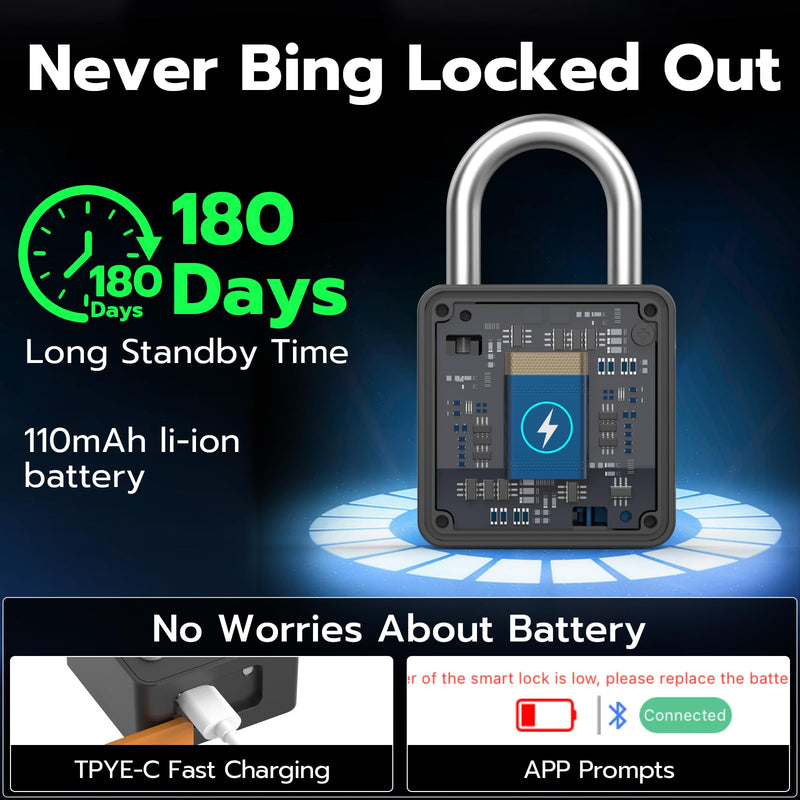 Smart Locker Lock with Code, Fingerprint Keyless Biometric Padlock, Weatherproof Biometric Combo Lock with Bluetooth APP, Smart Combination Pad Lock Storage Unit Outdoor Fence Gate Shed