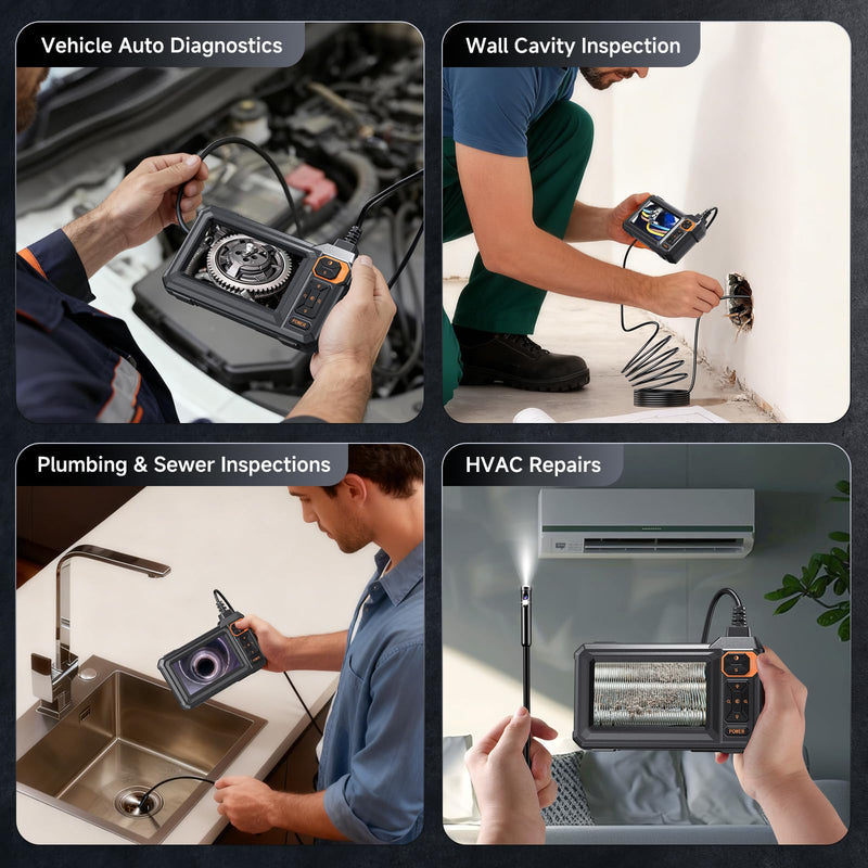 Dual Lens Endoscope Camera with Light, FFXET 4.3" IPS 1080P HD Inspection Camera, 8 Adjustable LEDs, 16.4ft Semi-Rigid Snake Cable, IP67 Waterproof, Borescope for Automotive,Sewer,HVAC,Wall, Men Tools 4.3'' Dual-Lens