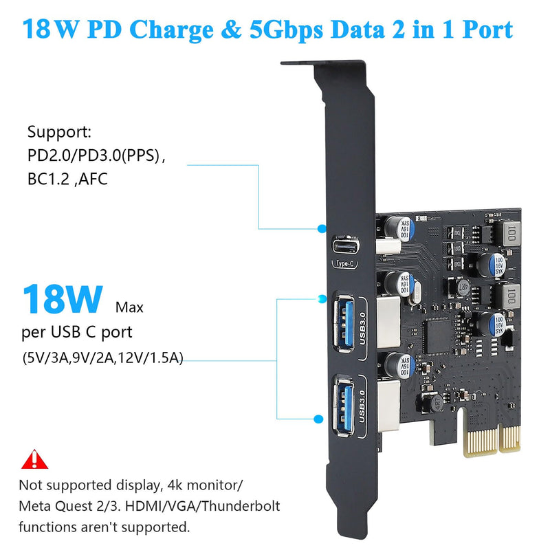 USB PCIE Card 18W Power Delivery, PCI Express 3 Port (Type C, 2 x Type A) PCIe USB 3.0 Fast charging Card Expansion Card with Low Profile Bracket for Desktop PC Windows XP/7/8/10 and Mac OS