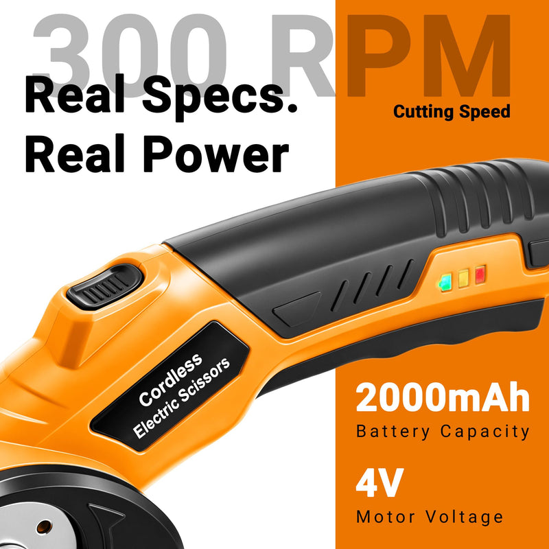 Electric Scissors with 5 Blades & Storage Bag – Cordless Rechargeable 4V Box Cutter, 2000mAh Battery, LED Light & Safety Lock, Heavy-Duty Cutting for Cardboard, Leather, Cloth, Carpet & Plastic Orange