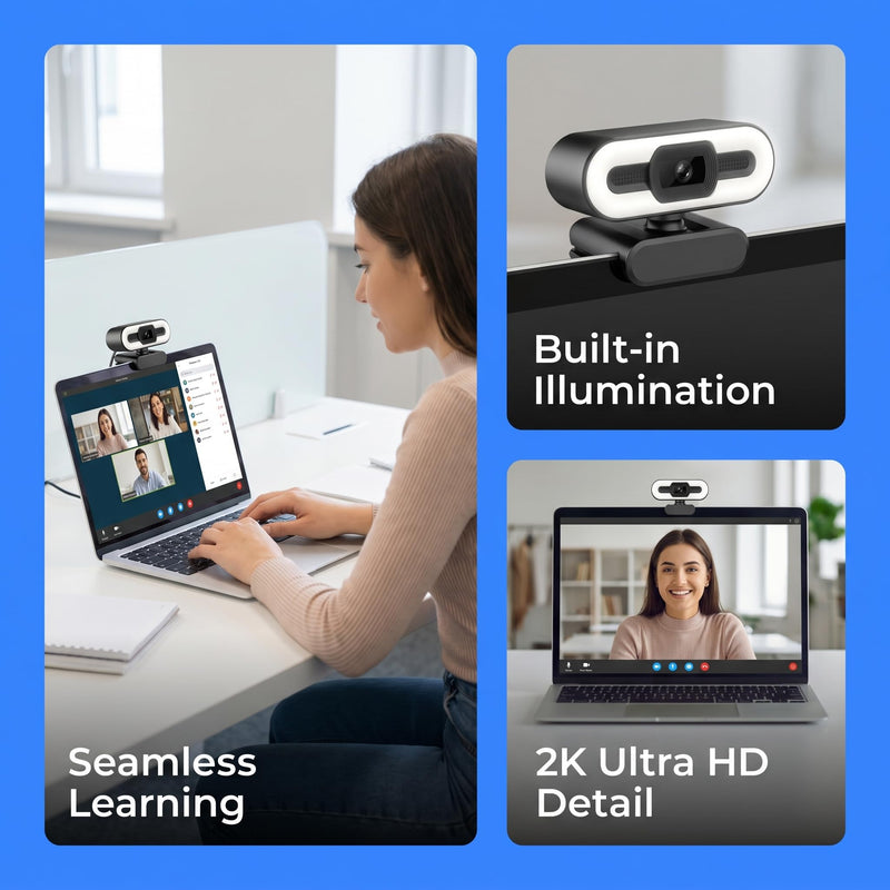 4K Webcam with Ring Light & Mic, USB Computer Camera with Auto Focus Plug and Play Video Calling Cam for PC Laptop Desktop 4K