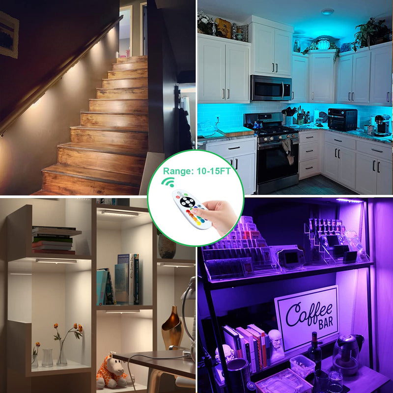 Under Cabinet Lighting Wireless Rechargeable Battery Operated LED Closet Lights Dimmable Under Counter Lights Bar with Remote, RGB Changing Perfect for Kitchen Bedroom Stairs, 4 Packs Remote Control Lights/ 4 Pack