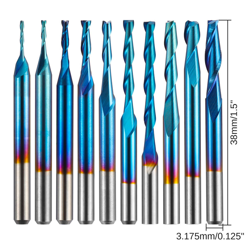 Genmitsu 10pcs 2-Flute Nano Blue Coat Flat Nose Spiral End Mill, 1/8'' Shank, 1.0mm-3.175mm Cutting Diameter, CNC Router Bits for Wood Working Acrylic MDF PVC ABS, FN10A