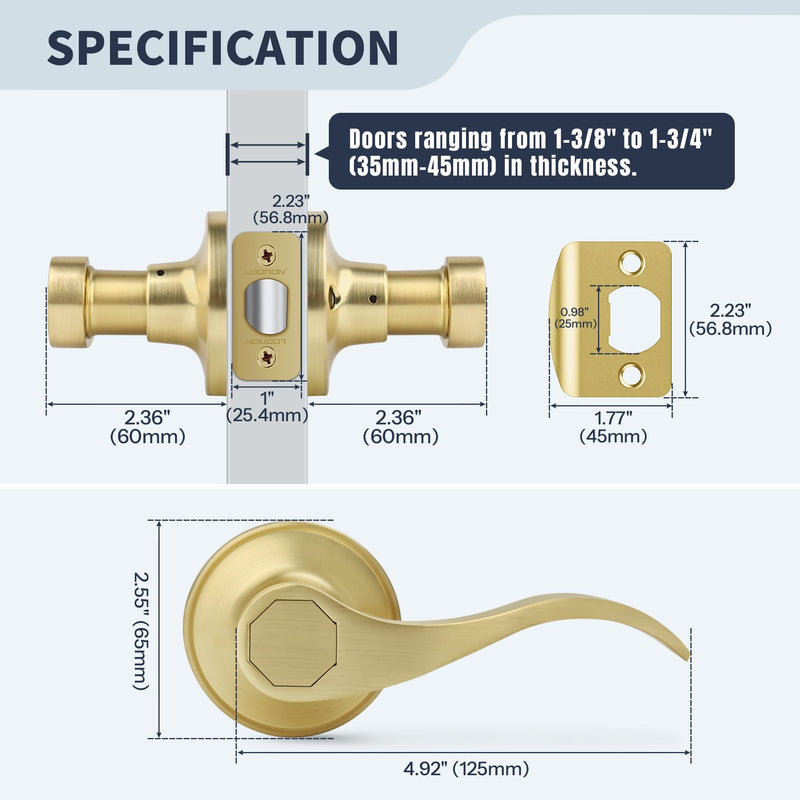 Wave Style Door Lever, Brushed Gold Passage Door Handle, Keyless Gold Interior Lever Reversible for Left/Right Handed for Hallway and Closet with Satin Brass Finish, 1 Pack Passage (No Lock & keys)