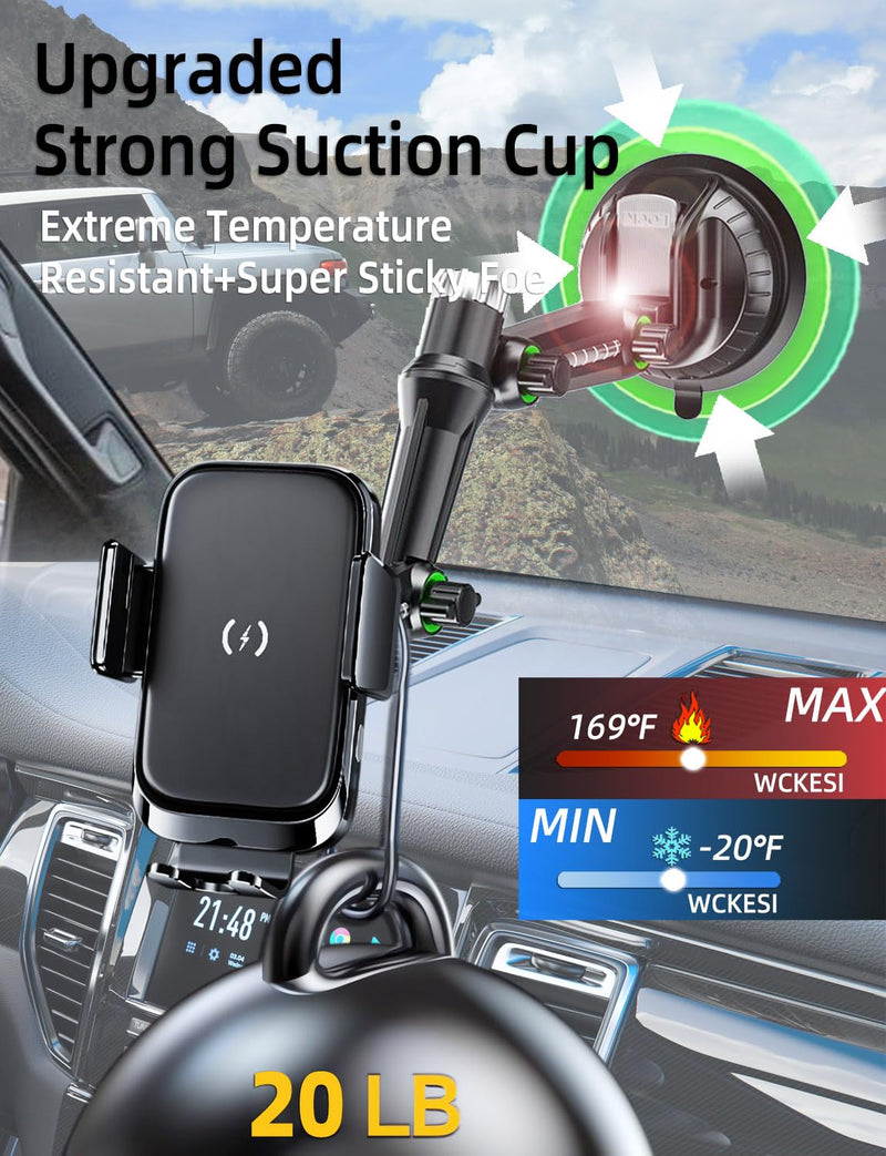 Wireless car Charger Phone Holder Mount for Truck,【10-inch Long arm 】 Pickup Truck Phone Holder Qi2 15W Fast Charging Heavy Duty Truck and Large SUV Windshield/Dashboard,for iPhone Samsung LG truck-charger