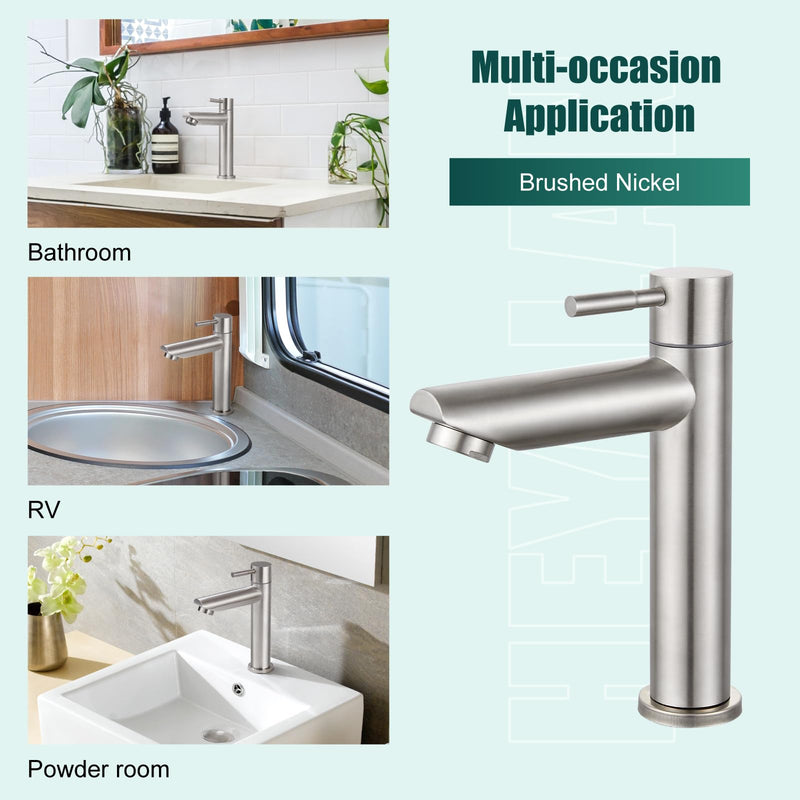 Heyalan Cold Water Only Bathroom Sink Faucet Stainless Steel SUS304 Brushed Nickel Single Handle One Hole Deck Mount Lavatory Faucet (Drain Not Included) Cold Water Only - Short