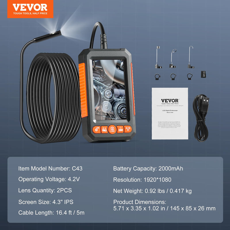 VEVOR Endoscope Camera with Light, Dual Lens Industrial Borescope, 4.3" Screen 1080P Inspection Camera, 8 + 1 Lights, 4X Zoom, IP67 Waterproof Snake Camera for Auto, Plumbing (16.4FT Cable, 32GB Card) 4.3" Screen-Dual Lens