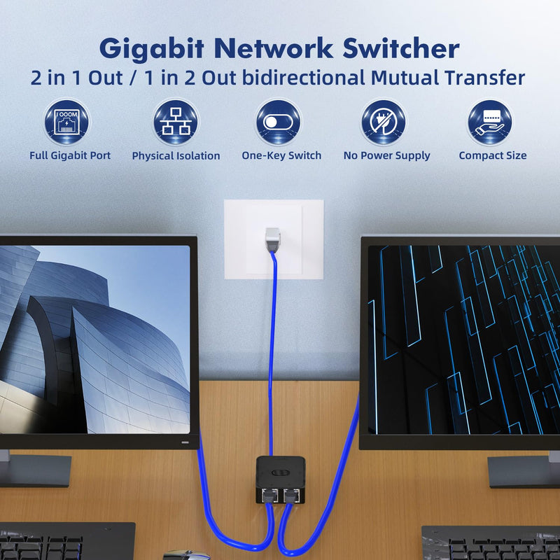 Binardat Gigabit Network Switcher, Passive Ethernet Selector, in/Out to A or B Network, Bidirectional Manual Switcher, No Power Required Gigabit Switcher