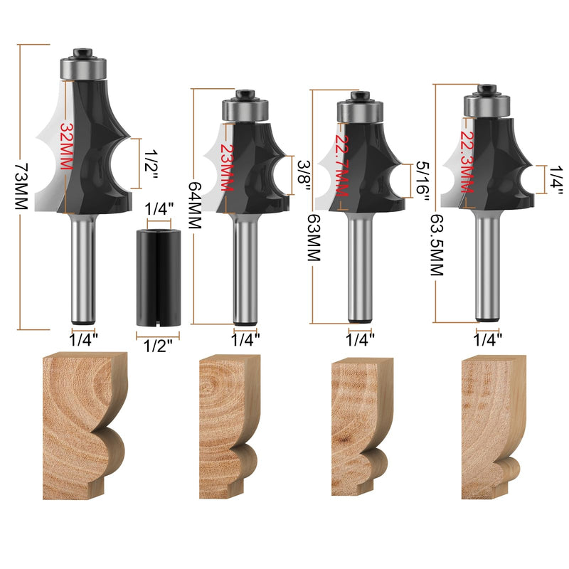 1/4 Inch Shank Architectural Molding Router Bit Drawing line Bits Woodworking Cutter Tool - 1/4, 3/8, 5/16, 1/2 4PCS 1/4" Shank-(1/4, 3/8, 5/16, 1/2) 4PCS