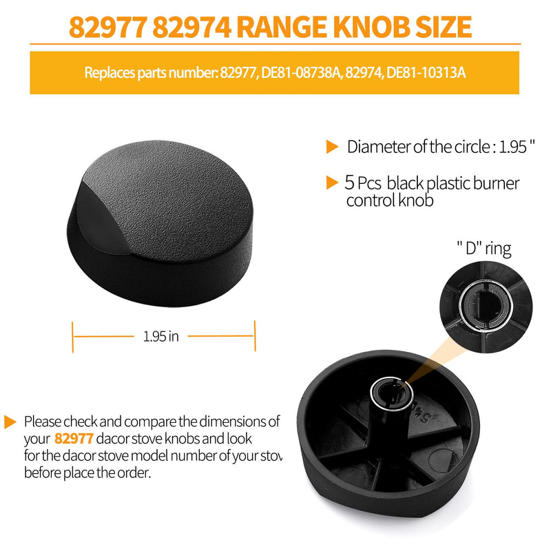 Upgraded 5 Pcs 82977 82974 Cooktop Knob Replacement for Dacor Stove Parts, SGM365 DE81-08738A Stove Knobs for Dacor Range Parts Burner Control Knobs DE81-10313A Black Plastic Gas Stove Top Knobs 5 Pieces