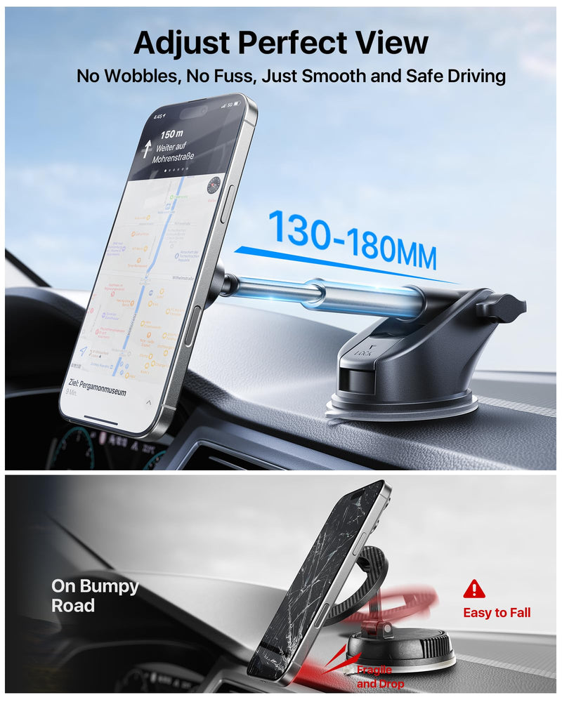 【Military-Grade】andobil 3 in1 Magnetic Phone Holder for Car Dashboard Windshield Vent 【Upgrade Suction & Strongest Magnet】Retractable for MagSafe Car Mount Mats for iPhone 17 16 15 14 Pro Max Sumsung dashboard-black