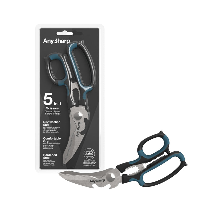 AnySharp 5-in-1 Multi-Function Kitchen Shears - Kitchen Scissors Heavy Duty with Hardened Steel Blades - Cut Chicken Bones and Thick Fabrics - Grip for Both Left and Right Handed - Dishwasher Safe Alloy Steel
