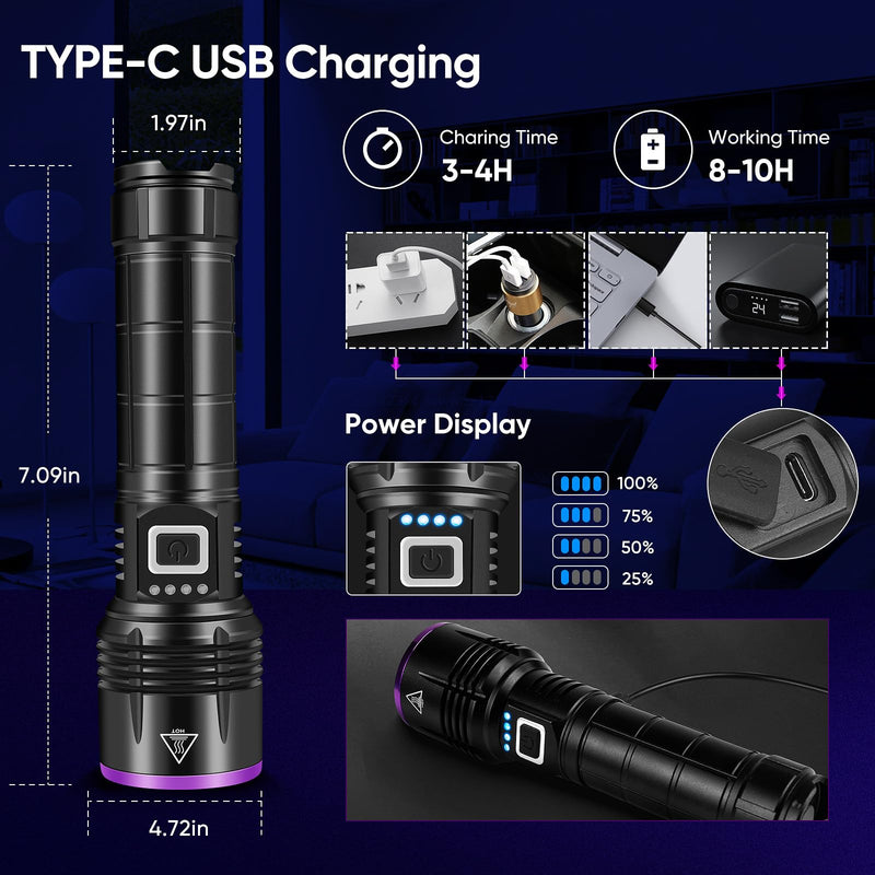 UV Flashlight 20W, 5000 mAh High Power 365nm UV Light, Led Usb Rechargeable Black Light Flashlight for Pet Urine Detection, Resin Curing, Rock Hunting, Traveling, AC Leak, Uranium Glass, Bed Bug