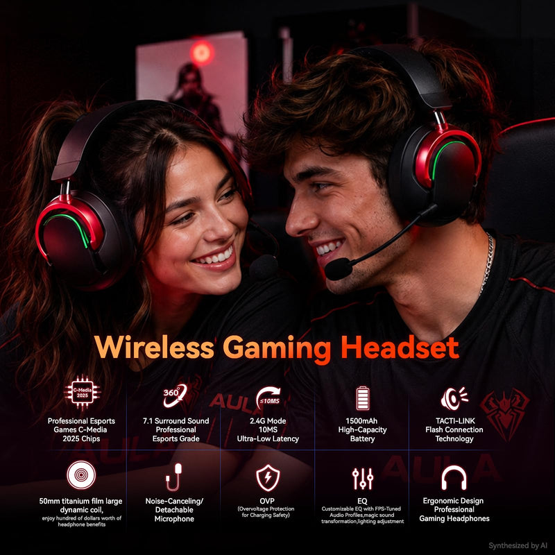 Wireless Gaming Headset with Mic Over Ear Headphones for PC,Xbox,PS5,Switch | 7.1 Surround Sound,50mm Drivers,Aluminum Frame,Noise Cancelling,RGB,Soft Ear Pads,Multi Platform Headset for Laptop Phone Mac