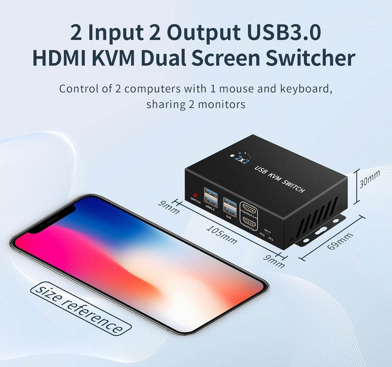 Dual Monitor Kvm Switch 2 Monitors 2 Computers HDMI 4k@60HZ,USB3.0. kvm switches 1 Monitors 2 Monitor 2 Computers,USB switcher 2 Computers Keyboard Mouse Switch (USB3.0+4KHDMI) Black 2 PC 2 Monitor-4K
