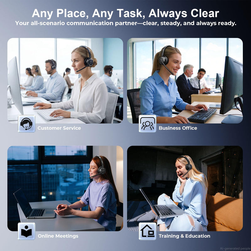 Wireless Headset with Mic for Work, USB A/C Dongle, Bluetooth 6.0 Headset with AI Noise Cancelling Microphone, Wireless Headphones with Mic Mute & 65H, Wireless Headset for PC/Computer/Laptop/Teams Black