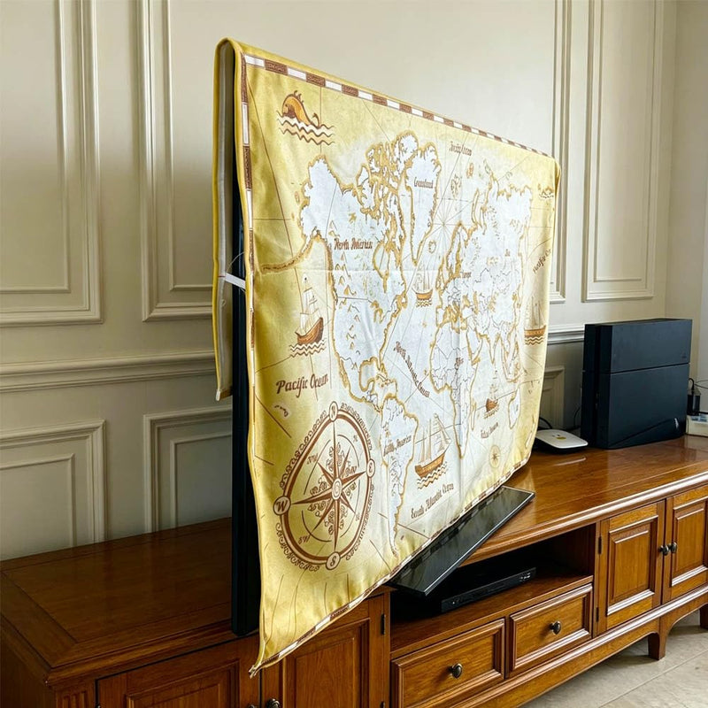 Retro World Map Print Indoor TV Dust Proof Cover Soft Suede Fabric Slipcover Protection Screen Display From Scratches, Dirts, Fingerprint, Sunlight, 43in
