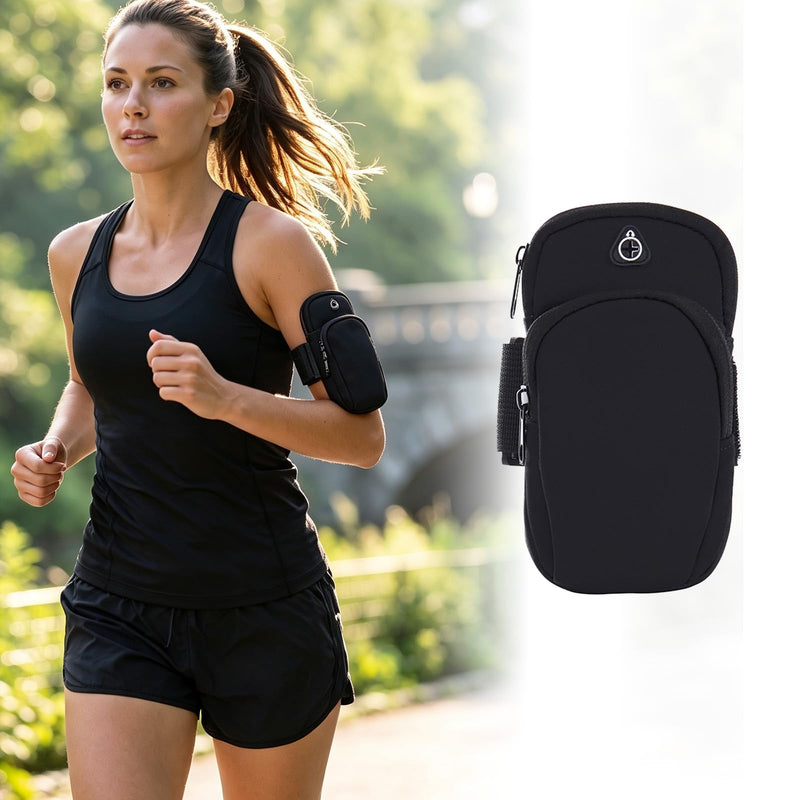 Running Armband with Earphone Bag, Armband Suitable for Most Phones, Water Resistant 2 Pockets (Black) Black