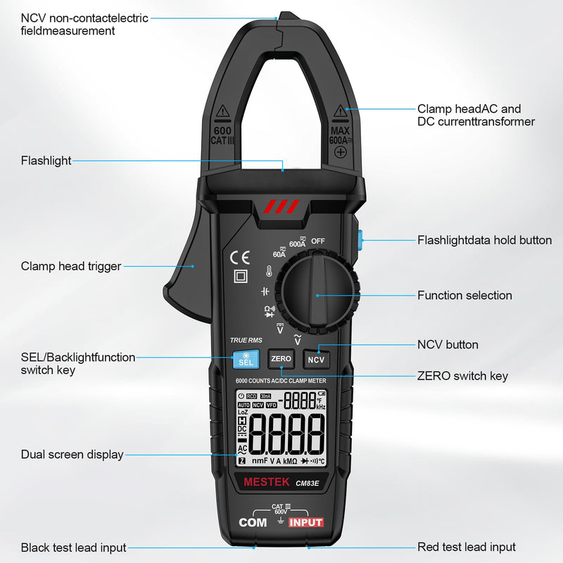 MESTEK Digital Clamp Meter Multimeter, TRMS 6000 Counts 600A Current Amp Volt Meter, Auto-Ranging Voltage Tester Measures AC DC Current Voltage Resistance Capacitance Temperature Diodes Continuity NCV