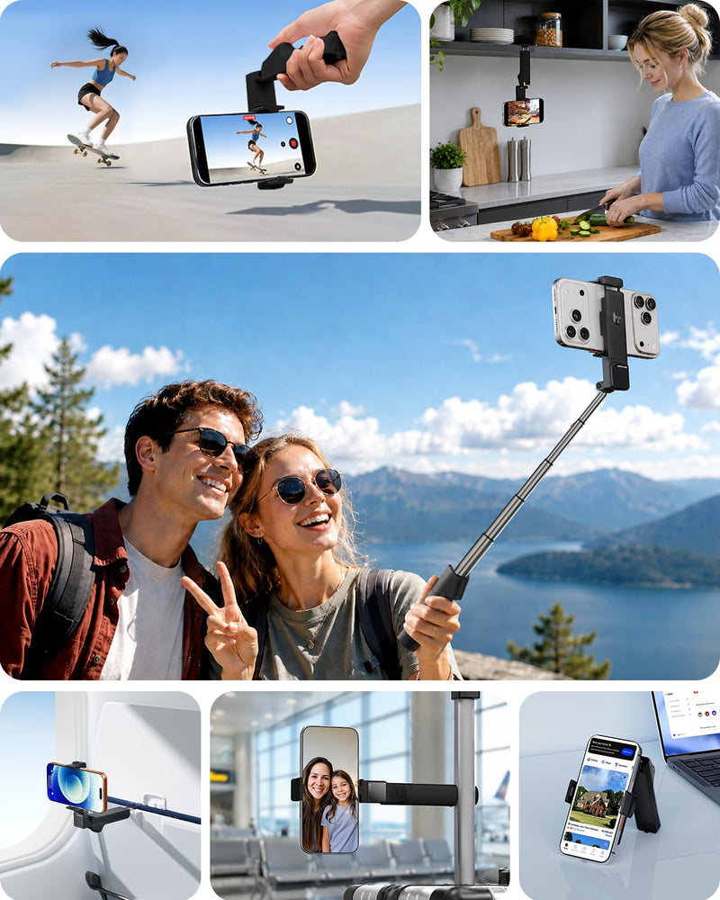 Viozon Selfie Stick with Wireless Remote and Desk Clamp, Lightweight Foldable Travel Phone Holder, Aluminum Portable Selfie Stick Tripod for Video Recording, Photograph, Streaming Black