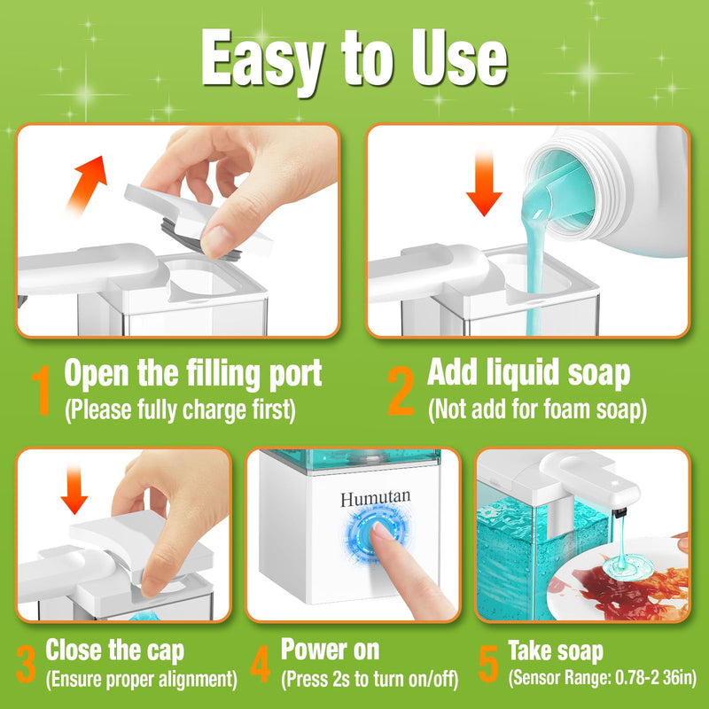 Automatic Soap Dispenser Touchless, Rechargeable Hand Soap Dispenser with 3 Adjustable Levels, Non-Slip Base, Smart Sensor, Easy for Kids & Seniors, for Kitchen Bathroom Dish Soap (16.5oz White)