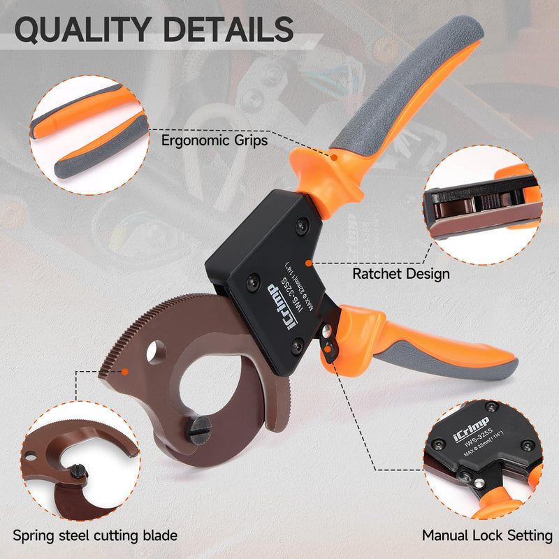 iCrimp IWS-325S Heavy-Duty Cable Cutter for Max 32mm Wire | Spring steel blade, cuts electrical aluminum copper and multi-core cables, labor-saving ratchet, safety lock