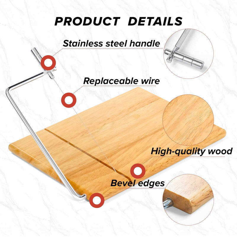 LZMS Wooden Cheese Cutting Board, Cheese Slicer Kit with Replaceable Stainless Steel Cutting Wire, Guillotine for Effortless Block Cheese, Sausage, Ham and Jerky Slicing (Rubberwood) Rubberwood