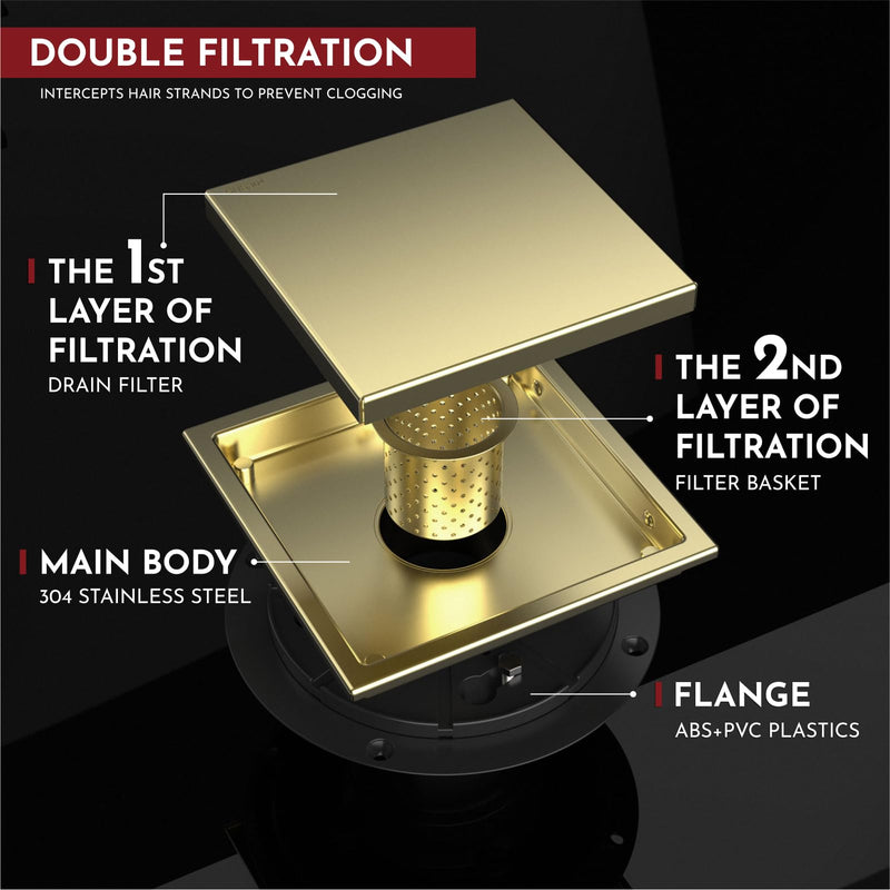 WEBANG 6 Inch Square Shower Drain Gold Floor Drain with Flange Reversible 2-in-1 Cover Tile Insert Grate Removable SUS304 Stainless Steel CUPC Certified Brushed Gold