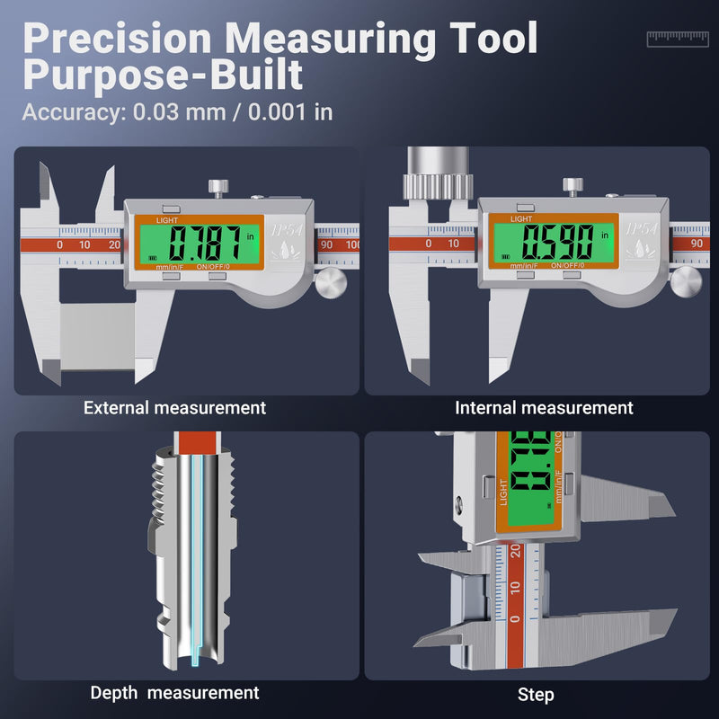 Preciva Digital Caliper Measuring Tool, Stainless Steel Digital Micrometer Vernier Caliper, with Backlight LCD, Auto-Off Feature, IP54 Splash Proof Protection and Inch Metric Conversion 6 Inch/150 mm