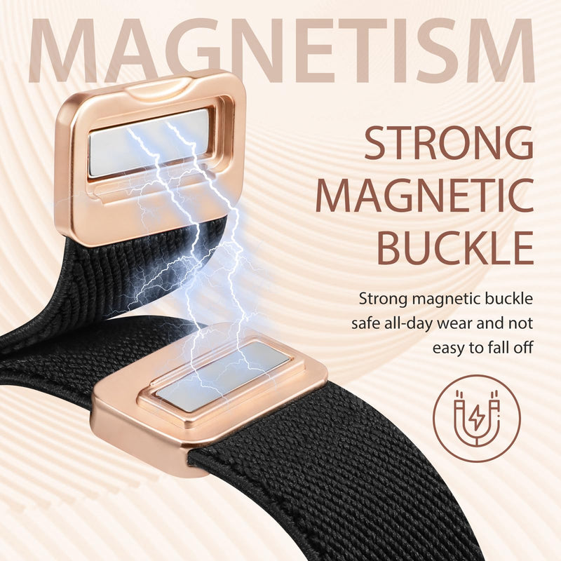 Stretchy Magnetic Band Compatible with Apple Watch Bands 38/40/41/42/44/45/46/49mm Women, Elastic Nylon Dressy Designer C-Shape Metal Strap for iWatch Series 11 10 9 8 7 6 5 4 SE/Ultra 3 2 1 Black/Rose Gold 38/40/41/42mm(Series 11/10)